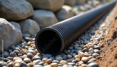 Black corrugated pipe rests in gravel bed. Stones and soil surround conduit for water management. Drainage system installed outdoors for yard.