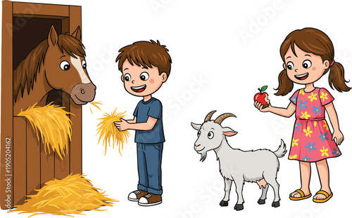 Farm scene, cartoon children, horse stable, goat feeding, smiling kids, barn animals, countryside life, apple, hay, playful interaction, rural setting