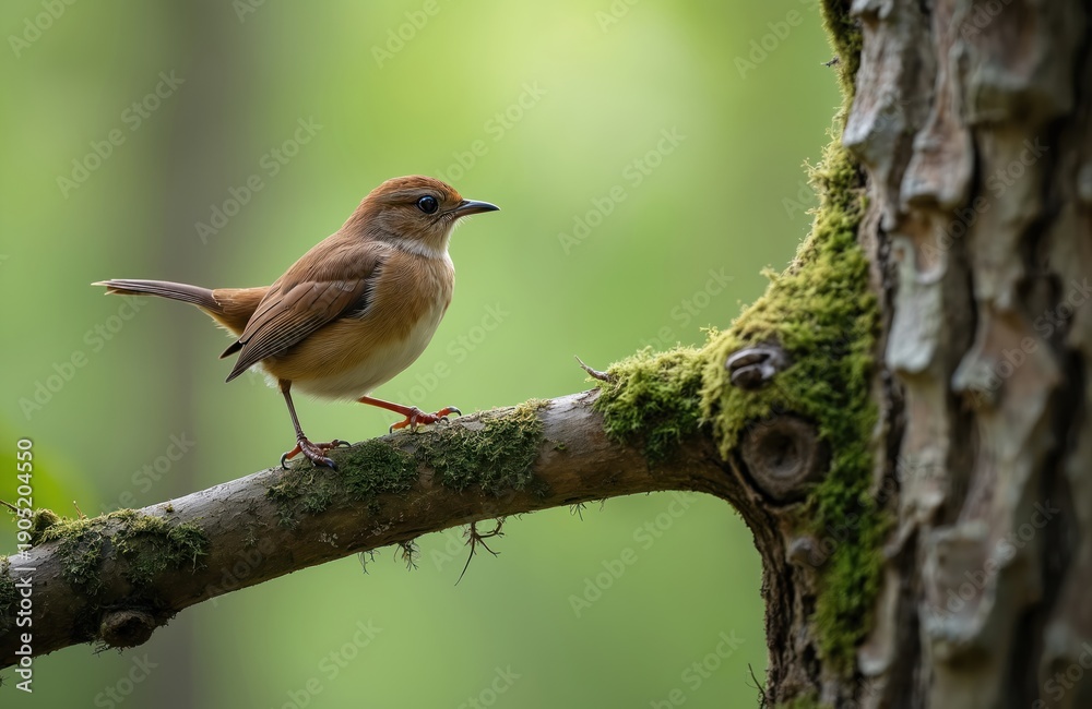 Obraz premium Tiny Eurasian wren bird perched on mossy tree branch. Small brown songbird with delicate beak looks alert in green summer forest. Avian wildlife in natural habitat.