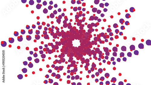 Abstract radial pattern of purple and red dots in a spiral motion.