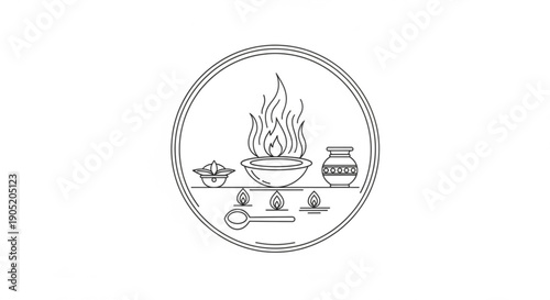 Cooking utensils and flame in a circular illustration with pot spoon and jars on a table