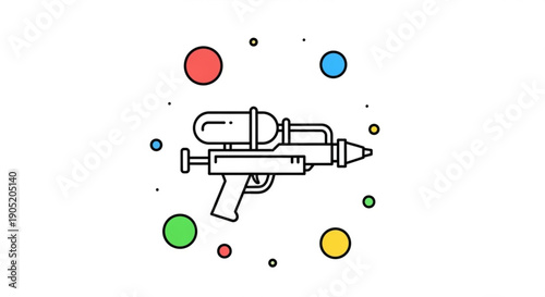 Colorful toy water gun with multicolored bubbles floating around on white background