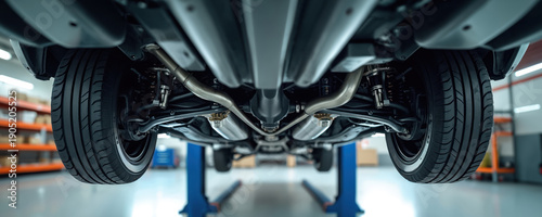 Underside view of car lifted on hydraulic platform inside clean auto service center. Closeup of tires exhaust system and suspension parts. Detailed mechanical inspection and repair.