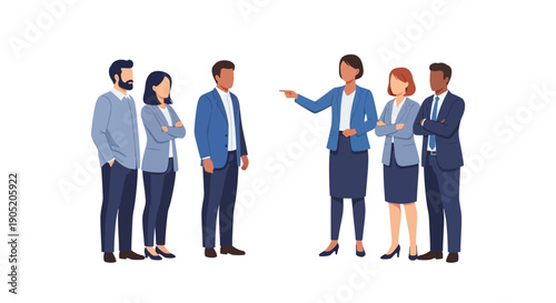 Business team discussing project with leader pointing direction.