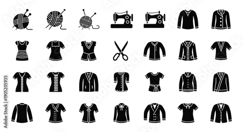 Collection of black silhouette icons representing various sewing crafting tools and different styles of women's tops and dresses