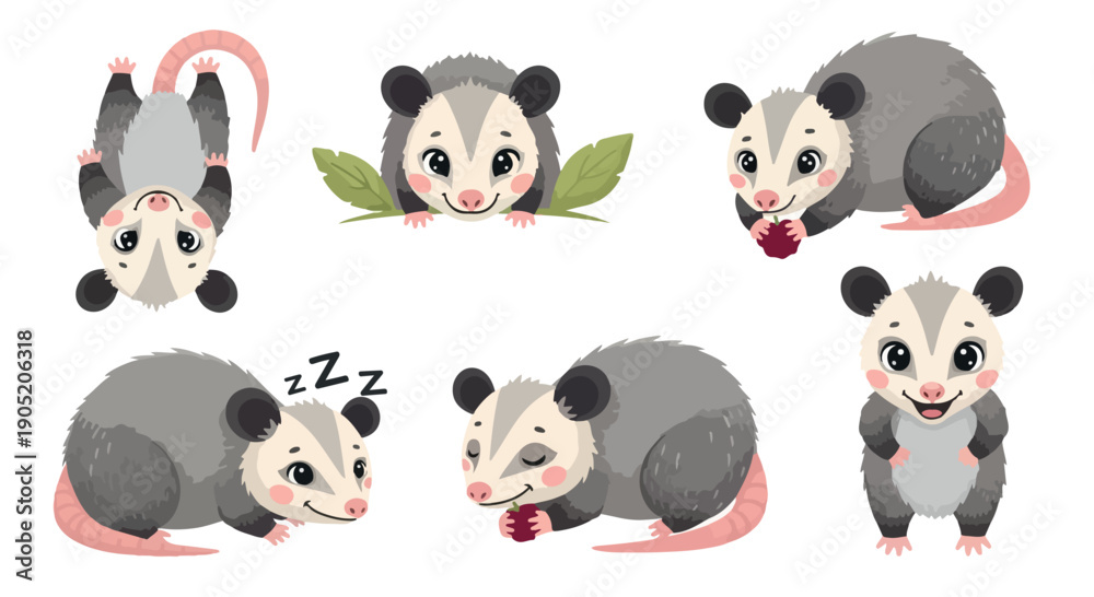 Obraz premium Collection of six cartoon opossums in various poses on a white background with pink tails and gray fur.