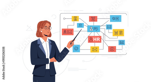 Businesswoman presenting organizational chart on screen.