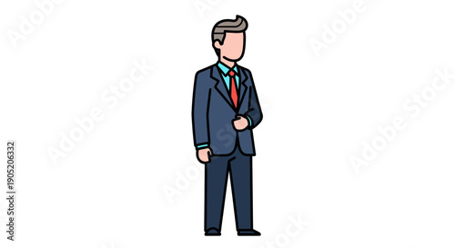 A cartoon man dressed in a formal blue suit with a red tie.