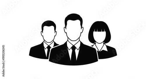 Simple black and white icon representing a diverse business team or professional group of three