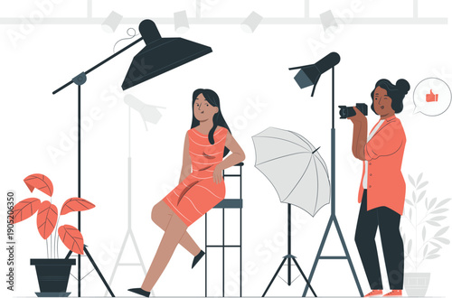 Fashion photographer capturing model poses during studio photoshoot with professional lighting and equipment setup