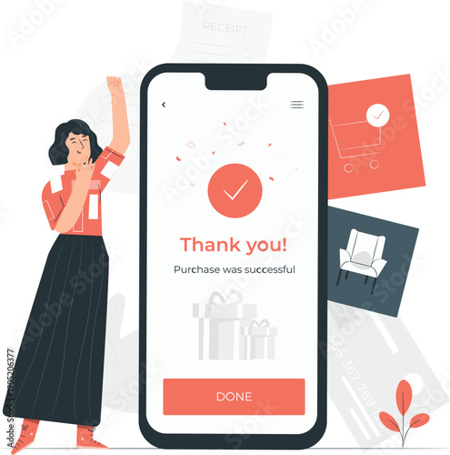 A woman celebrating a successful purchase on her mobile device with a thank you message and gift icon displayed on the screen