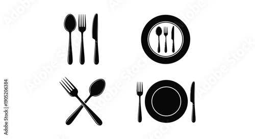 Set of four distinct black and white icons representing various arrangements of cutlery and dinner plates