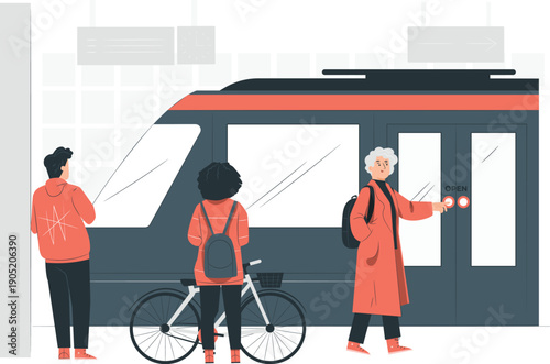 People waiting at a train station with a cyclist and elderly man checking a ticket