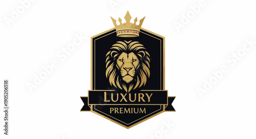Close-up of a luxury premium logo with a lion and crown on a black background with gold accents.
