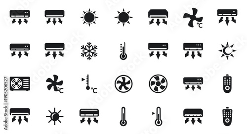 Collection of essential black icons representing air conditioning cooling fan temperature and remote control settings