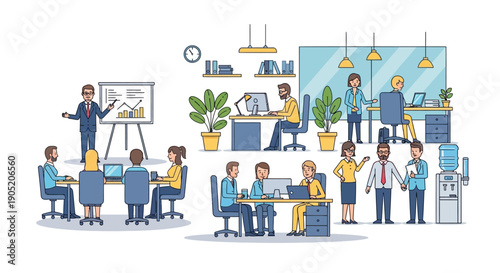 Modern office environment with diverse employees working together.