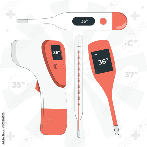 Digital and traditional thermometers displayed together showing normal body temperature readings in a medical setting from a straightforward viewpoint