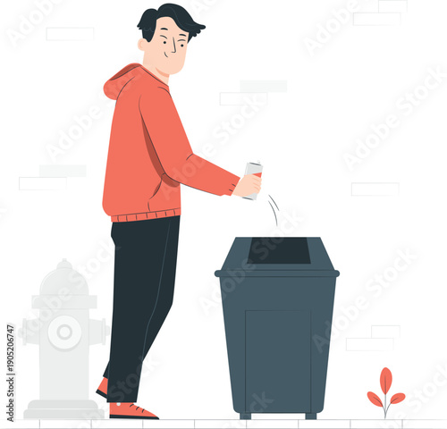 Man disposing trash in bin near fire hydrant on urban street