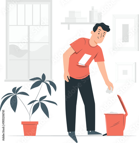 Man disposing waste in trash can beside a potted plant indoors with a window in the background
