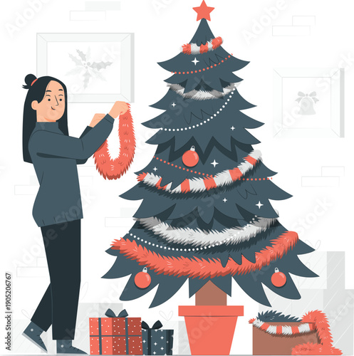 Woman decorating Christmas tree with ornaments and garlands in a cozy living room