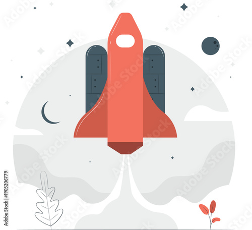 A red rocket ship launches into space with stars and planets in the background