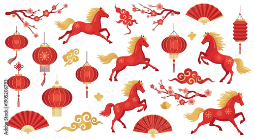 Collection of red Chinese New Year decorations featuring horses, lanterns, and fans on a white background with gold accents.