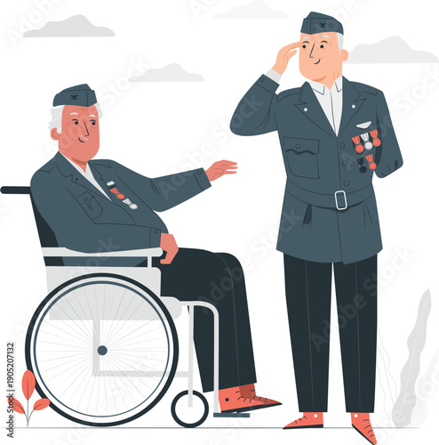 Veterans saluting in solidarity, a seated older veteran in a wheelchair and a standing companion in uniform