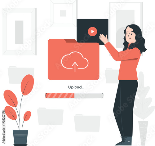 Woman uploading video content to cloud storage with progress bar in modern office environment from side viewpoint