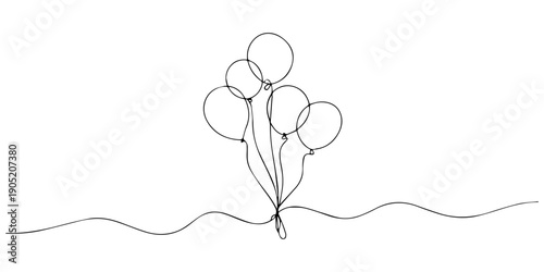 Balloon single line art, continuous one line drawing of Isolated outline vector icon, A bunch of air balloons in one line art style. Party decoration drawn with one continuous black line. Vector pro.