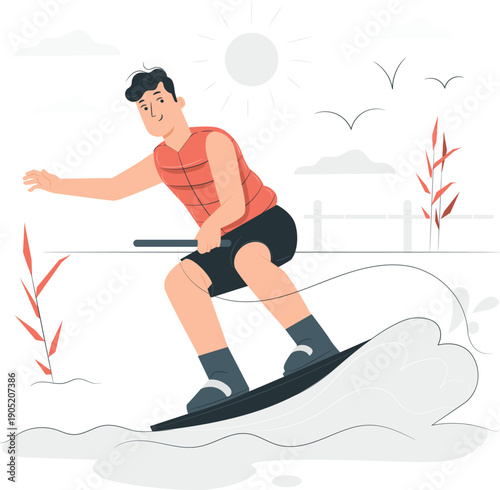 Man water skiing on a serene lake with reeds and birds in the background from a dynamic viewpoint