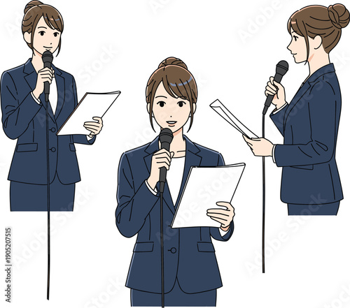 Professional businesswoman presenter vector set holding microphone and papers, corporate announcement illustration in multiple views