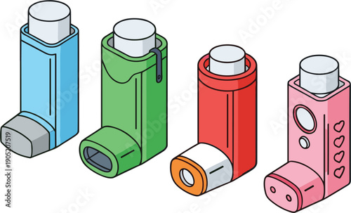 Vector illustrations of isometric asthma inhaler devices in different colors for healthcare and respiratory medicine concepts।