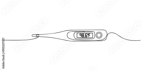 One continuous line drawing of electronic medical thermometer illustration, ingle line of medical thermometer drawing. Medical thermometer illustration. Doodle outline vector illustration, Editable.