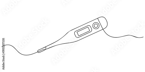 One continuous line drawing of electronic medical thermometer illustration, ingle line of medical thermometer drawing. Medical thermometer illustration. Doodle outline vector illustration, Editable.