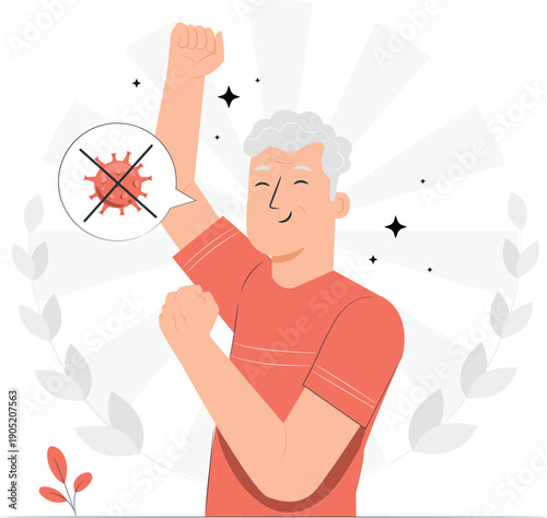 Elderly man celebrating immunity with a triumphant gesture and a symbol of protection against viruses