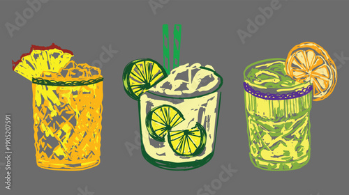 Caipirinha and Pina Colada Tropical Cocktail Illustration Set