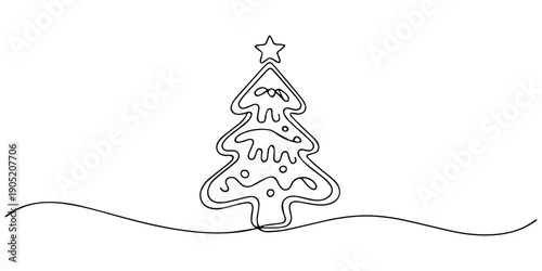 Gingerbread Christmas tree continuous one line drawing, A single line drawing of a gingerbread cookies in the shape of a Christmas tree. Continuous line christmas cookies icon. One line icon. Vector.