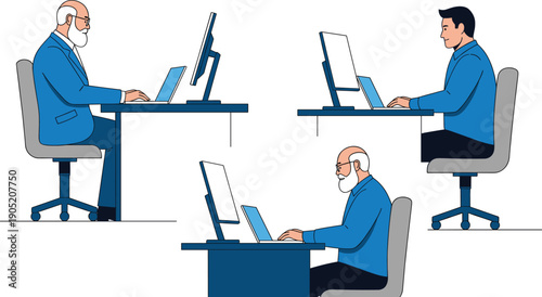 Businessmen working at computers vector illustration set, office employees using desktop and laptop devices in side view