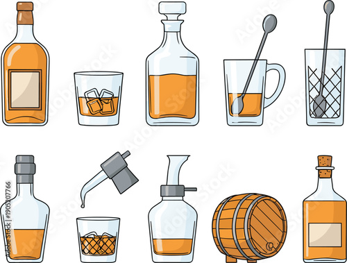 Vector illustrations of whiskey bottles decanters glasses with ice and wooden barrels for bar and beverage concepts।