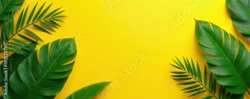 Abstract yellow sunburst pattern, tropical leaves, poster, nature, illustration