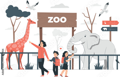 Family with children visiting the zoo, observing giraffe and elephant near the entrance sign