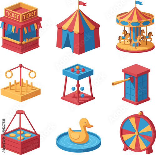 Vector illustrations of isometric carnival games circus tents ticket booths and carousels for fairground entertainment concepts।