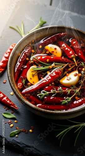 Steaming bowl of dark red chili peppers infused with garlic and herbs rests on a slate surface