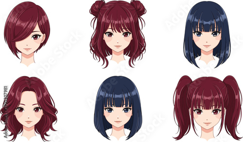 Anime style female face avatars vector set with different hairstyles, cute manga character portrait illustrations