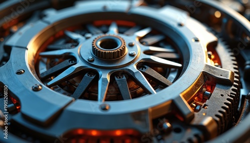 Macro view of auto transmission clutch assembly. Metal gears and flywheel parts create intricate mechanical engine detail. Precision engineered machine components rotate for automotive power.
