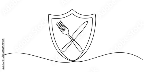 shield with fork and knife continuous one line drawing, Simple shield graphic with crossed knife and fork, food safety icon, shield with fork and knife, ecological pure product, thin line symbol style