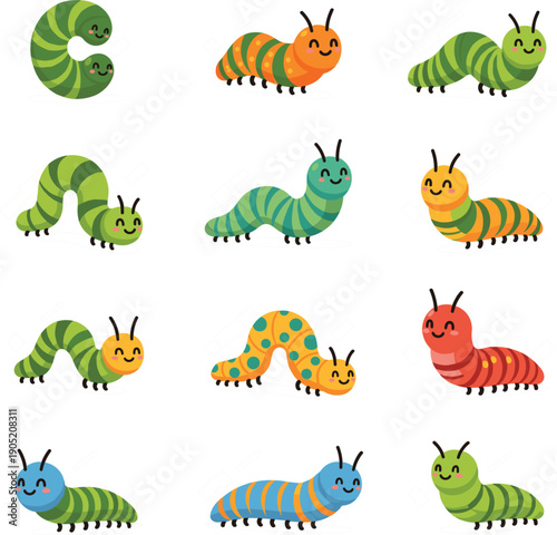 Vector illustrations of cute colorful caterpillars with happy faces for children education and nature concepts।