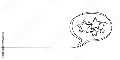 Speech bubbles in star shapes drawn by continuous line with place for text. Vector illustration, Chat speech bubble gold five stars score of customer review rating continuous one line drawing, minimal