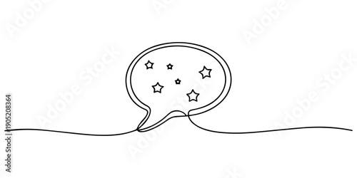 Speech bubbles in star shapes drawn by continuous line with place for text. Vector illustration, Chat speech bubble gold five stars score of customer review rating continuous one line drawing, minimal