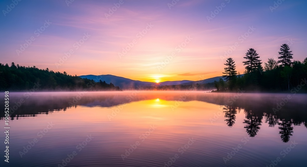 Obraz premium Serene Sunrise Over a Misty Lake with Colorful Sky Reflections, Tranquil Autumn Landscape